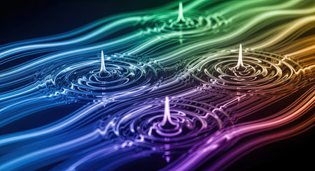 A visual representation of radiant energy or sound waves creating circular ripples and colorful trails on a dark surface. This dynamic illustration conveys concepts of motion, propagation, and scientific phenomena.の素材