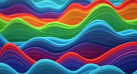 Vibrant flowing undulating waves in a spectrum of rainbow colors create a dynamic background. This visual is ideal for adding a cheerful and energetic touch to various projects.の素材