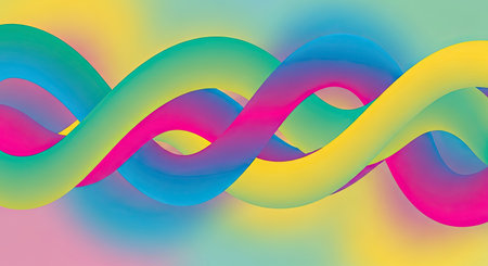 Intertwined colorful fluid tubes create a vibrant and dynamic wave pattern. This modern visual is ideal for backgrounds, banners, digital media, and contemporary presentations.の素材