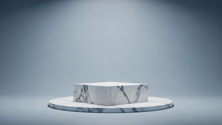 3d render of white marble podium on blue background. Abstract minimal scene for product presentation.の素材