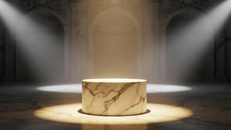 3d render of a white marble podium with a spotlight in the backgroundの素材