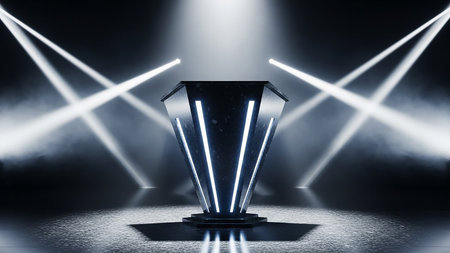 Empty podium illuminated by spotlights. Award ceremony concept. 3D Renderingの素材