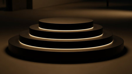 3d render of a round podium illuminated with spotlights, illuminated by lampsの素材