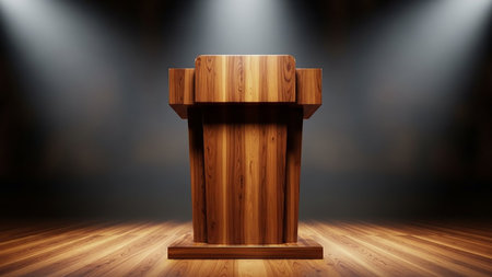 Wooden podium in empty room with spotlights. 3D renderingの素材