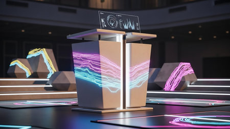 3D rendering of a podium on a futuristic stage illuminated with lightsの素材