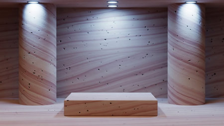 3D render of a wooden product stand with light in the backgroundの素材