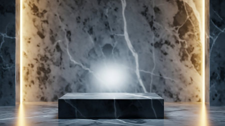 Black marble pedestalle background, 3d render illustration.の素材