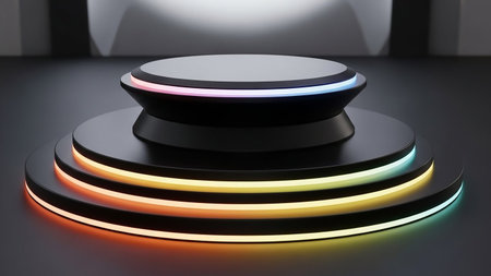 Black round podium with colorful neon lights, 3d render illustration.の素材