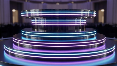 3d rendering of a stage with blue and purple lights on itの素材