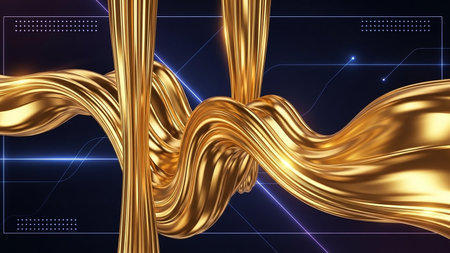 Golden wavy liquid background. 3d rendering, 3d illustration.の素材