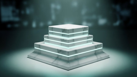 3D rendering of a pedestal in a dark room with neon lightsの素材
