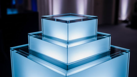 3d rendering of glass cube in blue light. Abstract background.の素材