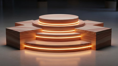Pedestal with glowing light in the dark, 3d renderの素材