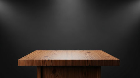 Empty wooden table and spotlights on dark background. 3D Renderingの素材