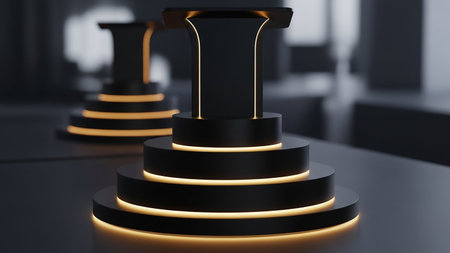 3d rendering black podium with golden lights, pedestal for award ceremonyの素材