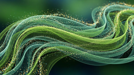 3D illustration of abstract green wavy background with glittering particlesの素材