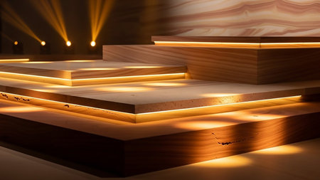 Wooden stairs in the showroom, illuminated with spotlights.の素材