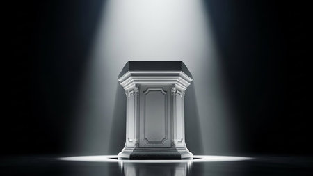 3d rendering of a white podium in a dark room lit by a spotlightの素材