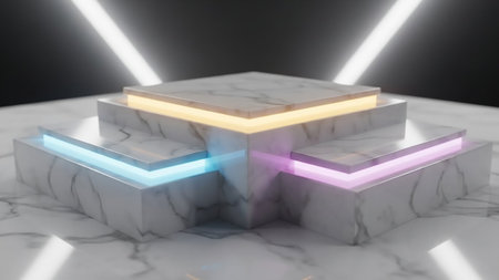 3d render, abstract background, podium with neon lights, modern designの素材
