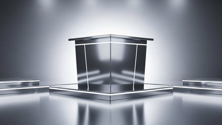 Empty exhibition stand with lights and reflections. Mock up, 3D Renderingの素材