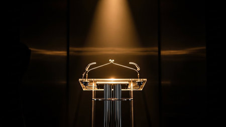 Podium with microphones on stage in a conference hall or seminar roomの素材