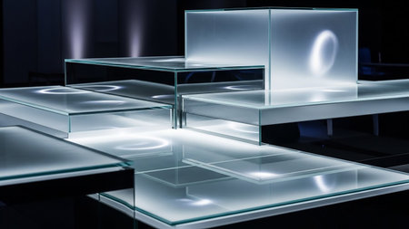 3d render of glass table with light reflections in the dark roomの素材