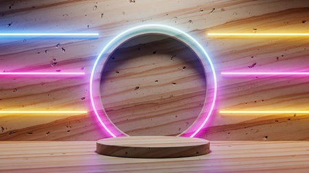 Neon round podium on wooden background, 3d rendering. Computer digital drawing.の素材