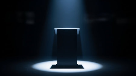 Stage Podium Scene illuminated with spotlight. 3D Render Illustrationの素材