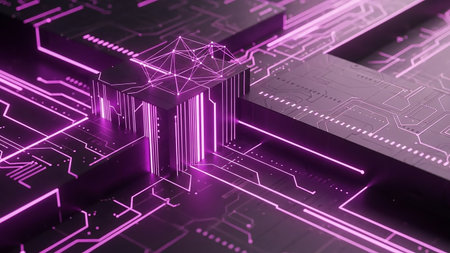 3d rendering of abstract technology background with circuit board and glowing linesの素材