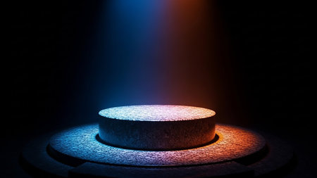 Pedestal illuminated by a blue spotlight. 3D rendering.の素材