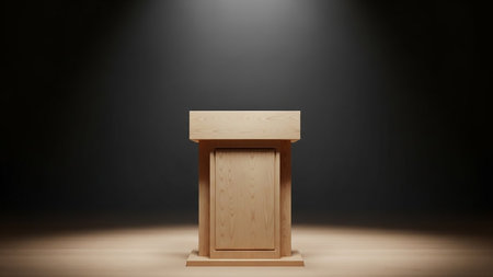 Wooden podium for speaking on stage. 3d render illustration.の素材