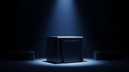 3d rendering of a black podium in a dark room illuminated by a spotlightの素材