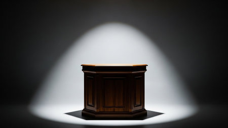Wooden table in dark room lit by spotlights. 3D renderingの素材