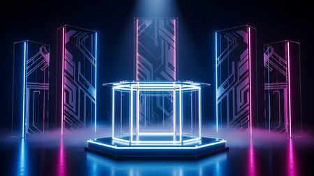 3d render, abstract background, neon light, geometric shapes, glowing lines, pedestal, podiumの素材