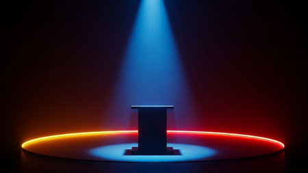 Stage podium illuminated with spotlight. Award ceremony concept. 3D Renderの素材