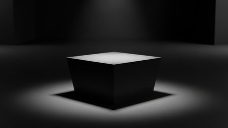 3d render of black podium in dark room with spotlight and shadow.の素材