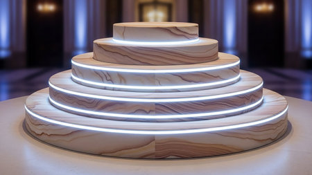 3D rendering of a round podium illuminated with led lights in a museumの素材