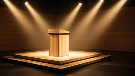 Wooden podium with a microphone on stage, illuminated by spotlightsの素材