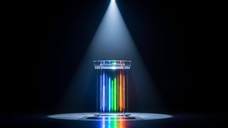 3d render of podium with spotlights on black background. Abstract stage background.の素材