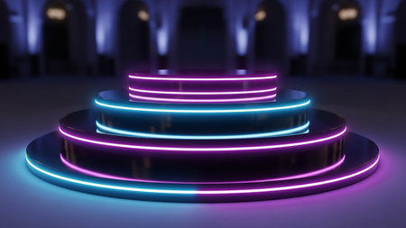 3D rendering of a round podium illuminated with ultraviolet lights. The background is blurred.の素材