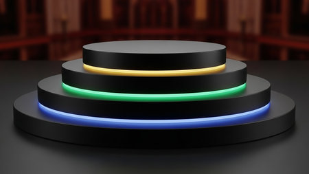 Black round podium with blue and yellow neon lights. 3D renderingの素材