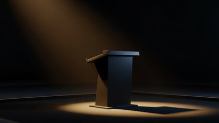 3d rendering of a podium with a microphone in a dark roomの素材