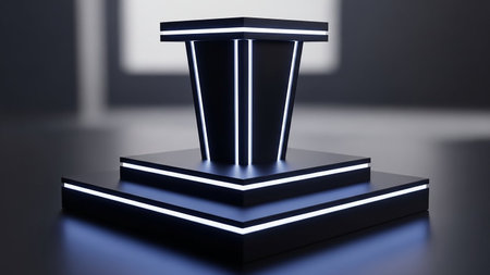 Black podium with blue neon lighting, 3d rendering. Computer digital drawing.の素材