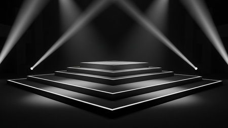 Black podium illuminated by spotlights. 3d rendering. Computer digital drawing.の素材