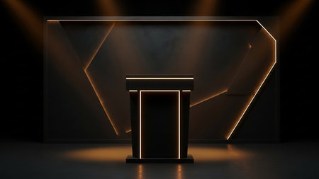 3d render of podium for presentation with lights on the wall.の素材