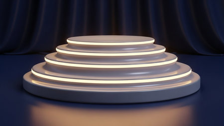 3d rendering of a podium with blue curtains in the background.の素材