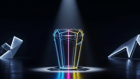 3D rendering of a glass trophy on a dark background illuminated by ultraviolet lightの素材