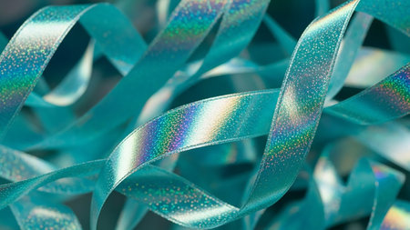 Shiny satin ribbons on blue background, shallow depth of fieldの素材