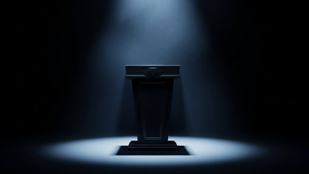 3d rendering of a podium with a spotlight on a dark backgroundの素材