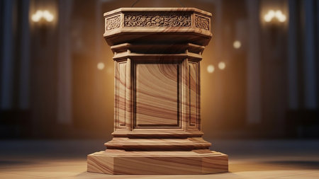 3d rendering of a wooden podium with a microphone in the middleの素材